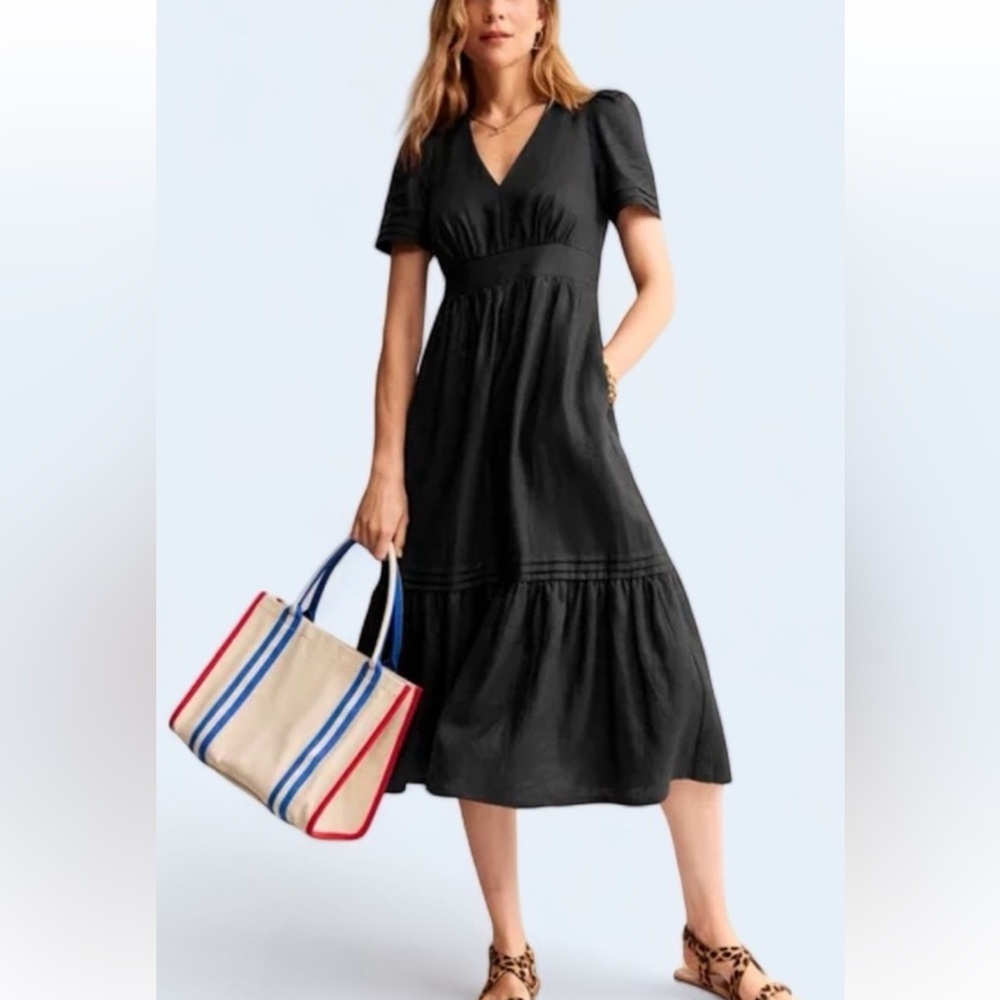 Boden 100% Linen Black Eve Midi Dress with Pockets Timeless Capsule Wardrobe